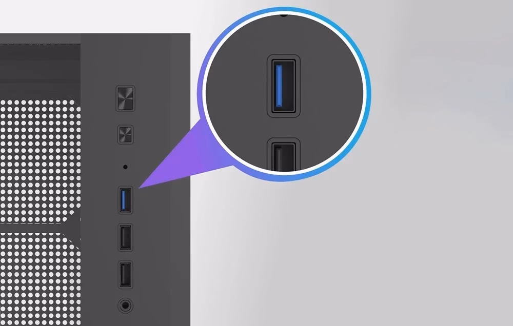 Arvutikorpuse darkFlash DB460M esikülje USB-pordid ja nupud lähivaates