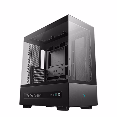 Arvutikorpus DeepCool CH690 DIGITAL vasakult eest, klaaspaneelid ja ekraan esiosas