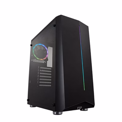 Must arvutikorpus FSP CMT151 akrüülakna ja RGB-tagaventilaatoriga nurga alt