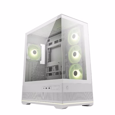 Valge arvutikorpus MSI MAG PANO 110R PZ WHITE nurga alt, neli valgustatud ventilaatorit