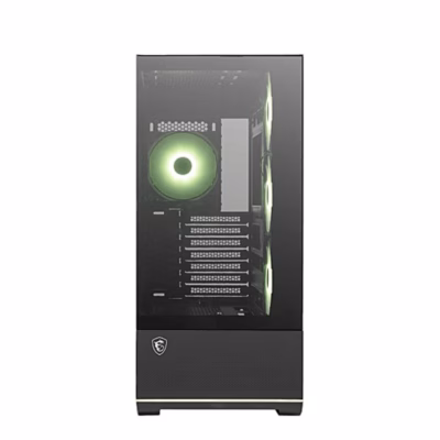 Arvutikorpus MSI MAG PANO 110R PZ klaaspaneeli poolt, sees valgustatud tagumine ventilaator