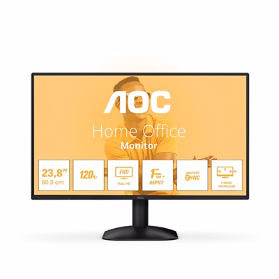 Arvutimonitor AOC 24B31H eestvaates, ekraanil Home Office ja tehnilised ikoonid