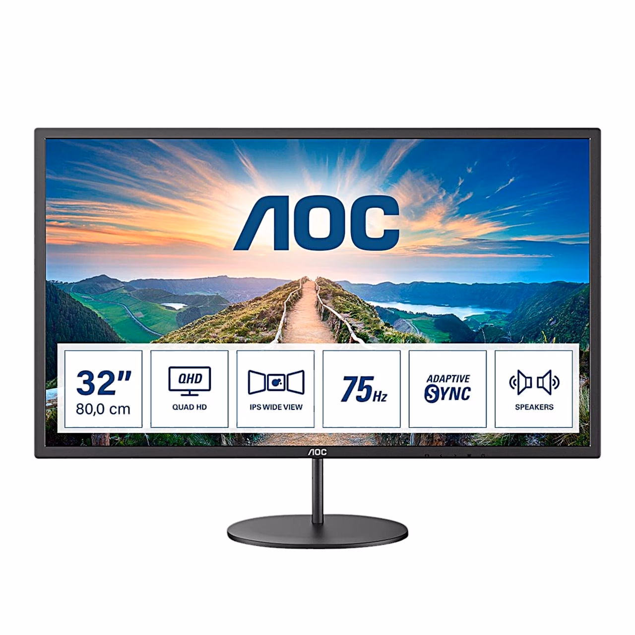 AOC Q32V4 monitori ekraanil Quad HD, IPS, 75 Hz ja Adaptive Synci ikoonid