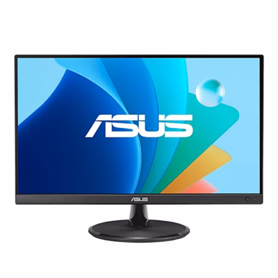 Arvutimonitor ASUS VP227HF eestvaates, must kitsas raam ja ümar jalg
