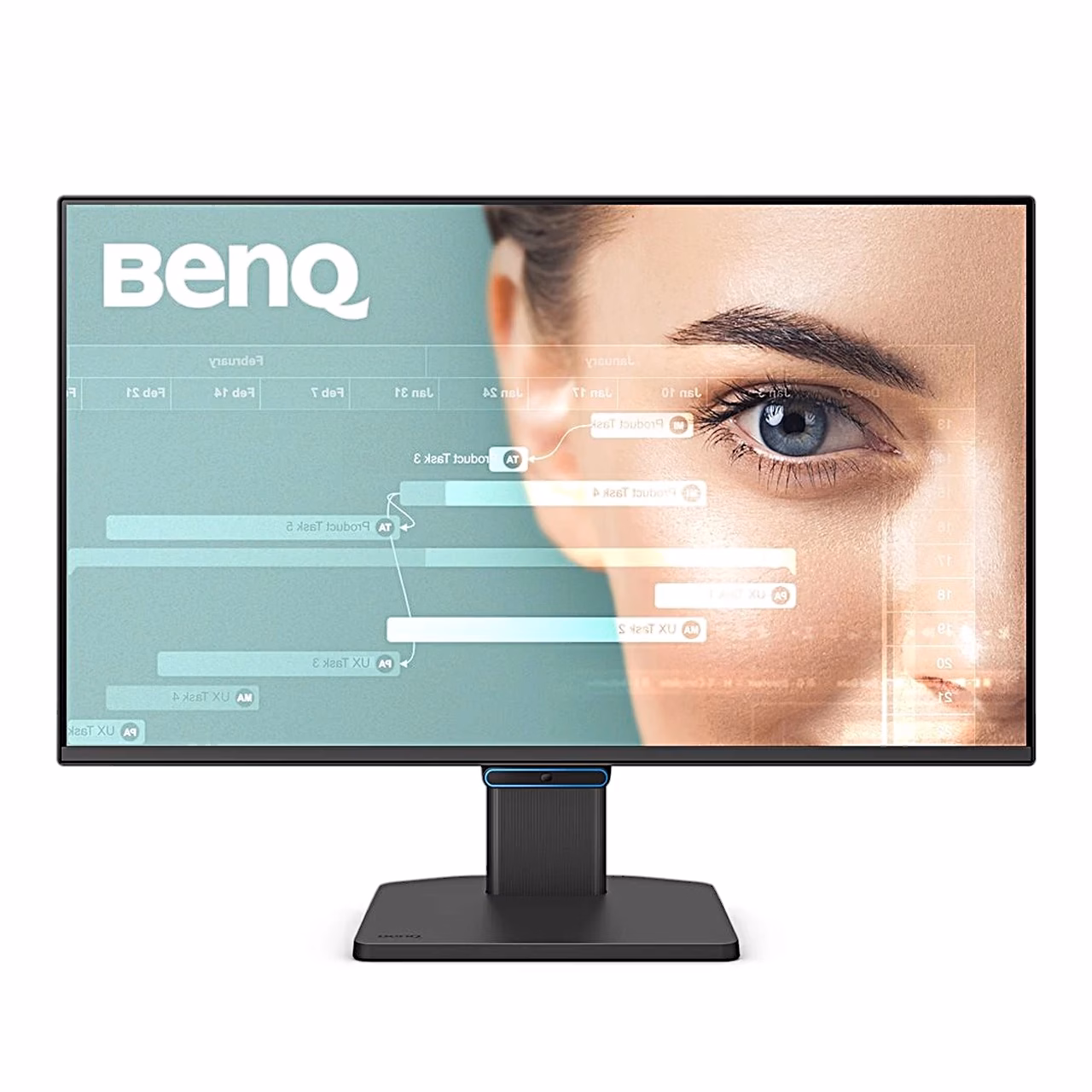 BenQ GW2490C arvutimonitor eestvaates, ekraanil naise silm ja graafikud
