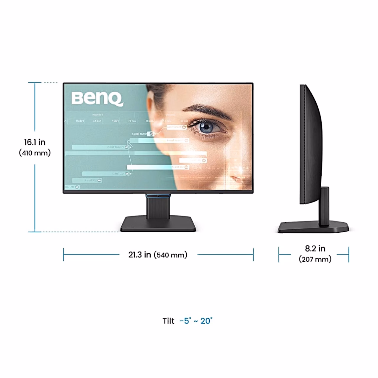BenQ GW2490C arvutimonitori mõõtjoonis: kõrgus 410 mm, laius 540 mm, sügavus 207 mm