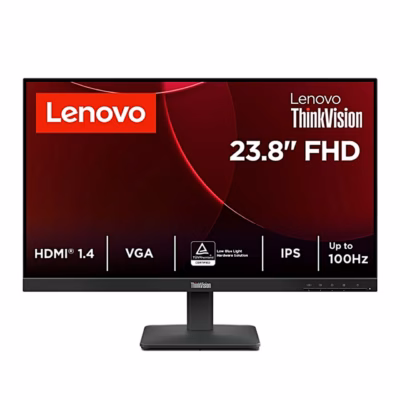 Lenovo ThinkVision S24-4e arvutimonitor alusel, ekraanil mudeli põhiandmed HDMI 1.4, VGA ja IPS