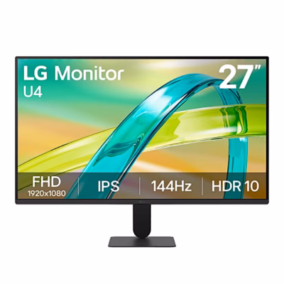 Arvutimonitor LG 27U411B-B eestvaates alusel, ekraanil värviline abstraktne kujund
