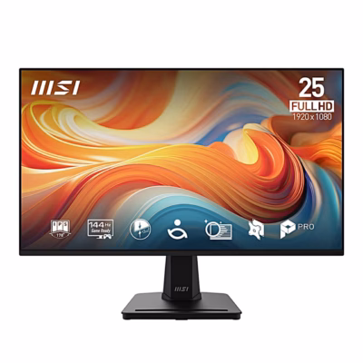 MSI PRO MP251 E14L kuvar eestvaates, ekraanil Full HD ja 144 Hz märgised