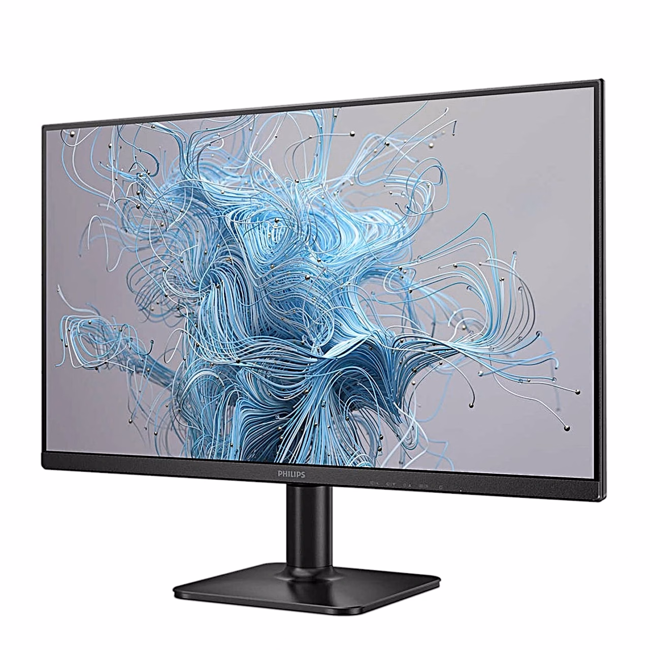 Monitor Philips 24E2N1100LB paremalt eest nurga all, ekraanil sinine muster