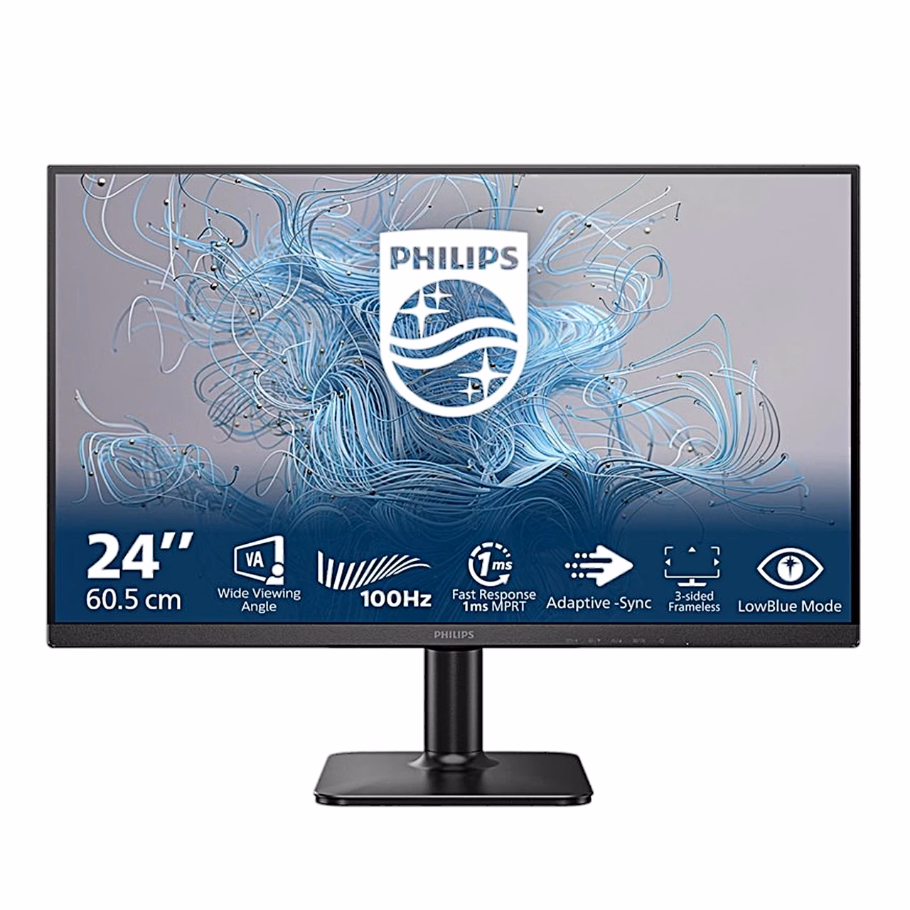 Monitor Philips 24E2N1100LB eestvaates, ekraanil Philipsi logo ja funktsioonide ikoonid