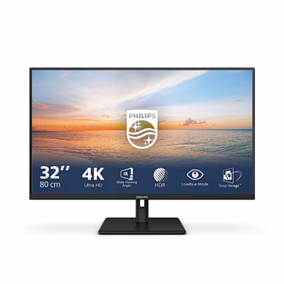 Arvutimonitor Philips 32E1N1800LA eestvaates, ekraanil 4K ja HDR tunnusikoonid