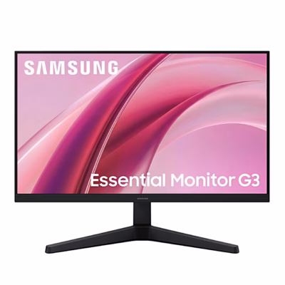 Arvutimonitor Samsung G31H eestvaates, ekraanil roosa taustapilt ja Samsungi logo