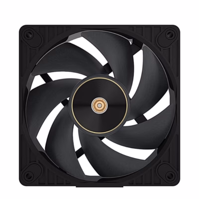 Arvutiventilaator ASUS ProArt PF120 eestvaates, mustad labad ja kuldse äärisega rumm
