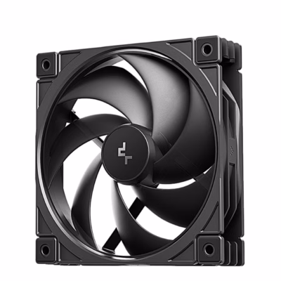 Must DeepCool FD12 V2 arvutiventilaator kaldu eestvaates, kummipadjanditega nurgad