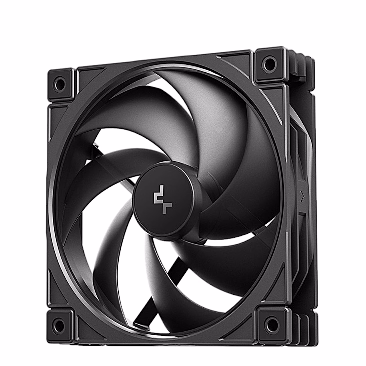 Must DeepCool FD12 V2 arvutiventilaator kaldu eestvaates, kummipadjanditega nurgad