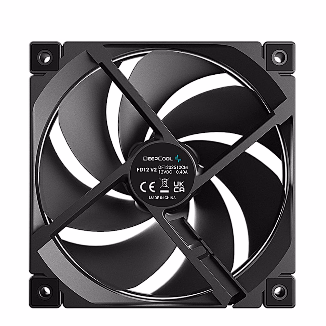 DeepCool FD12 V2 ventilaatori tagakülg mudelikleebise ja raami tugedega