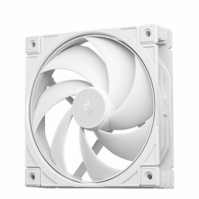 Valge arvutiventilaator DeepCool FD12 WH V2 nurga alt, raami nurkades kummipadjad