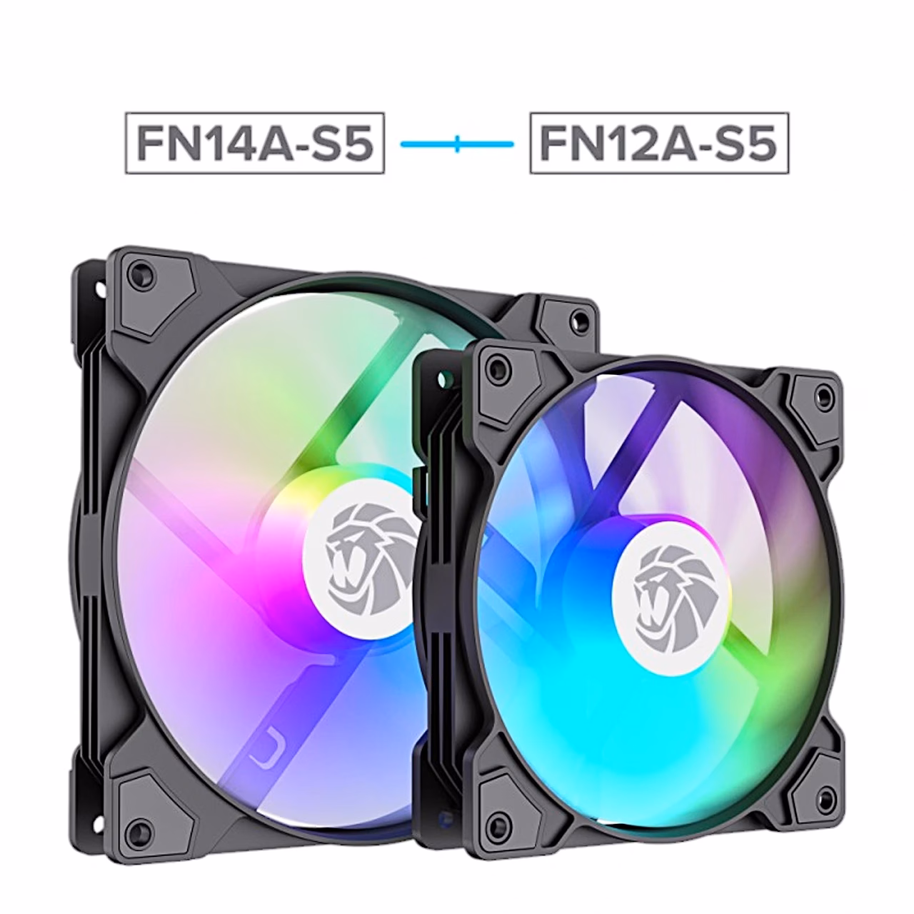 GameMax FN14A-S5 kõrvuti väiksema FN12A-S5 ventilaatoriga suuruse võrdluseks