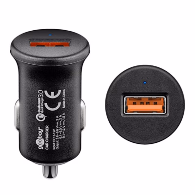 Must autolaadija Goobay 45162 küljelt ja USB-A-pordiga otsavaates