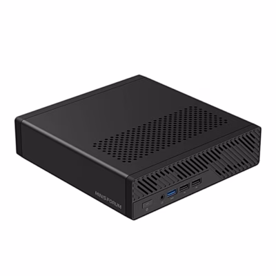 Barebone-miniarvuti Minisforum MS-03 must korpus esipaneeli USB-portidega nurga alt