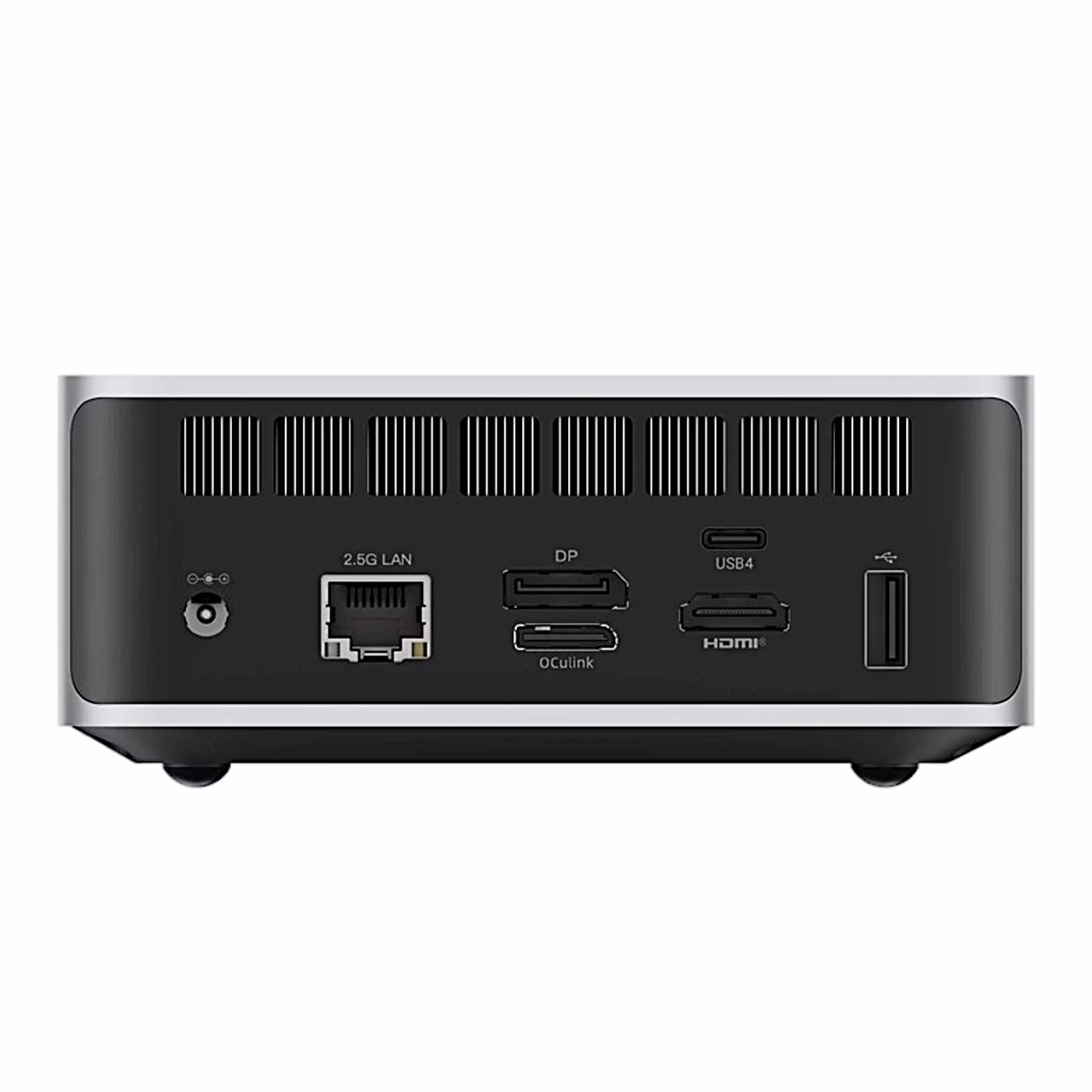 Minisforum X1-470 tagapaneel DC-sisendi, LAN-pordi, DisplayPorti ja HDMI-ga