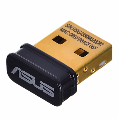 ASUS USB-BT500 Bluetooth-adapter musta logoga otsa ja kuldse USB-pistikuga
