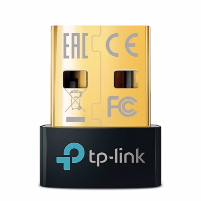 Bluetooth-adapter TP-Link UB500 eestvaates, kuldne USB-pistik ja must korpus