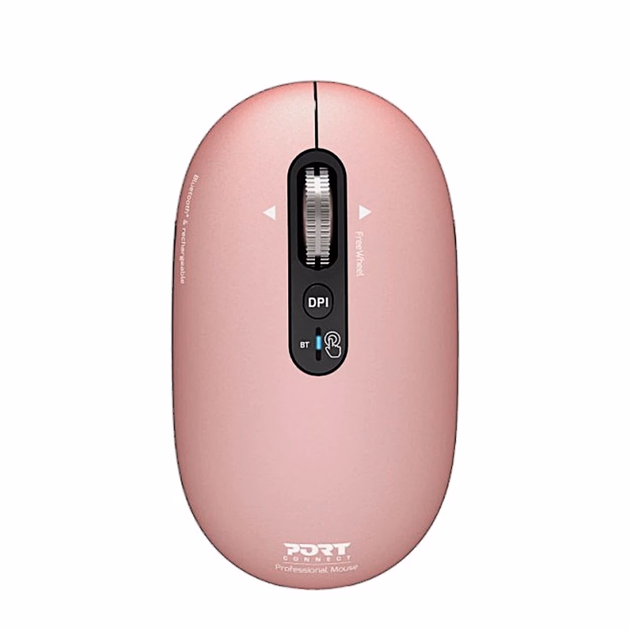 Roosa Bluetooth-hiir PORT Connect PURE MAC pealtvaates, keskel kerimisratas ja DPI-nupp