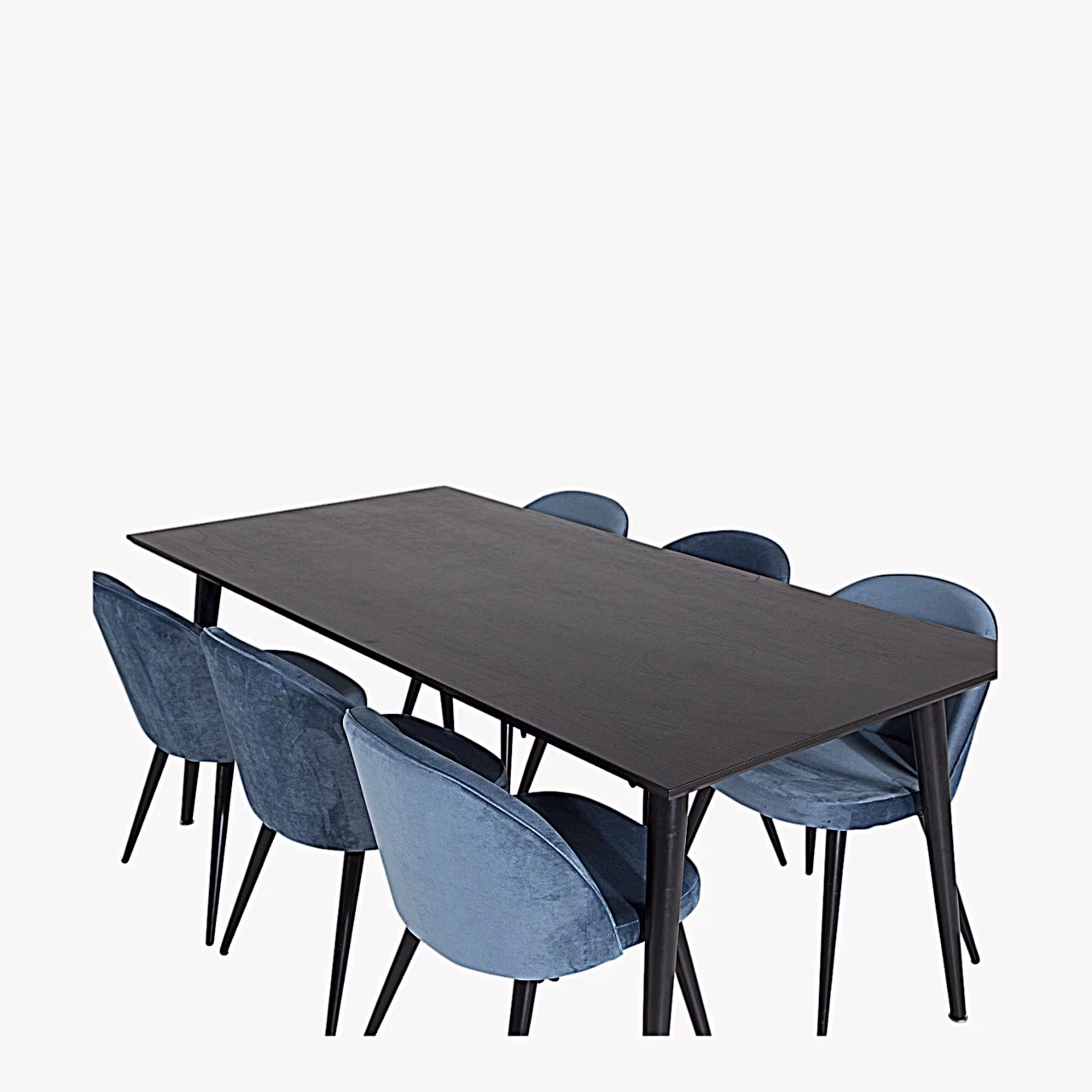 Dipp ristkülikukujuline söögilauakomplekt musta lauaplaadi ja siniste velvettoolidega (180x90 cm), GR19975