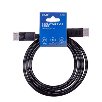 DisplayPort-kaabel Savio CL-136 kokkukeritult riputussildiga, mõlemad pistikud nähtaval