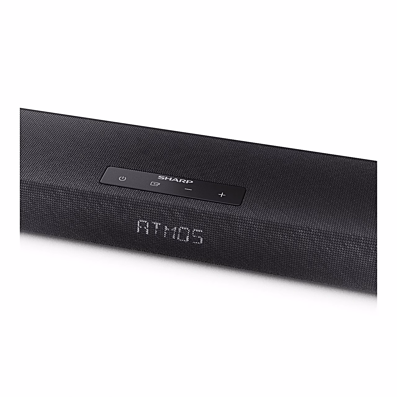 Sharp HT-SBW320 heliriba puutenupud ja ATMOS-näidik lähivaates