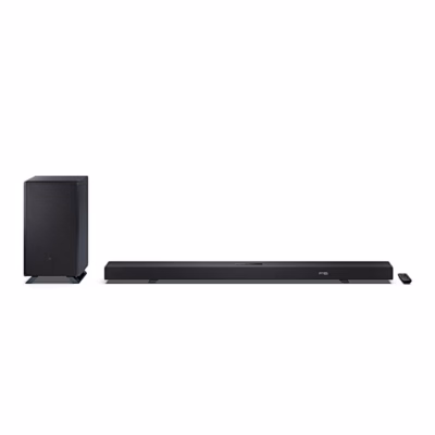 Must heliriba Sharp HT-SBW55121 koos bassikõlari ja puldiga valgel taustal