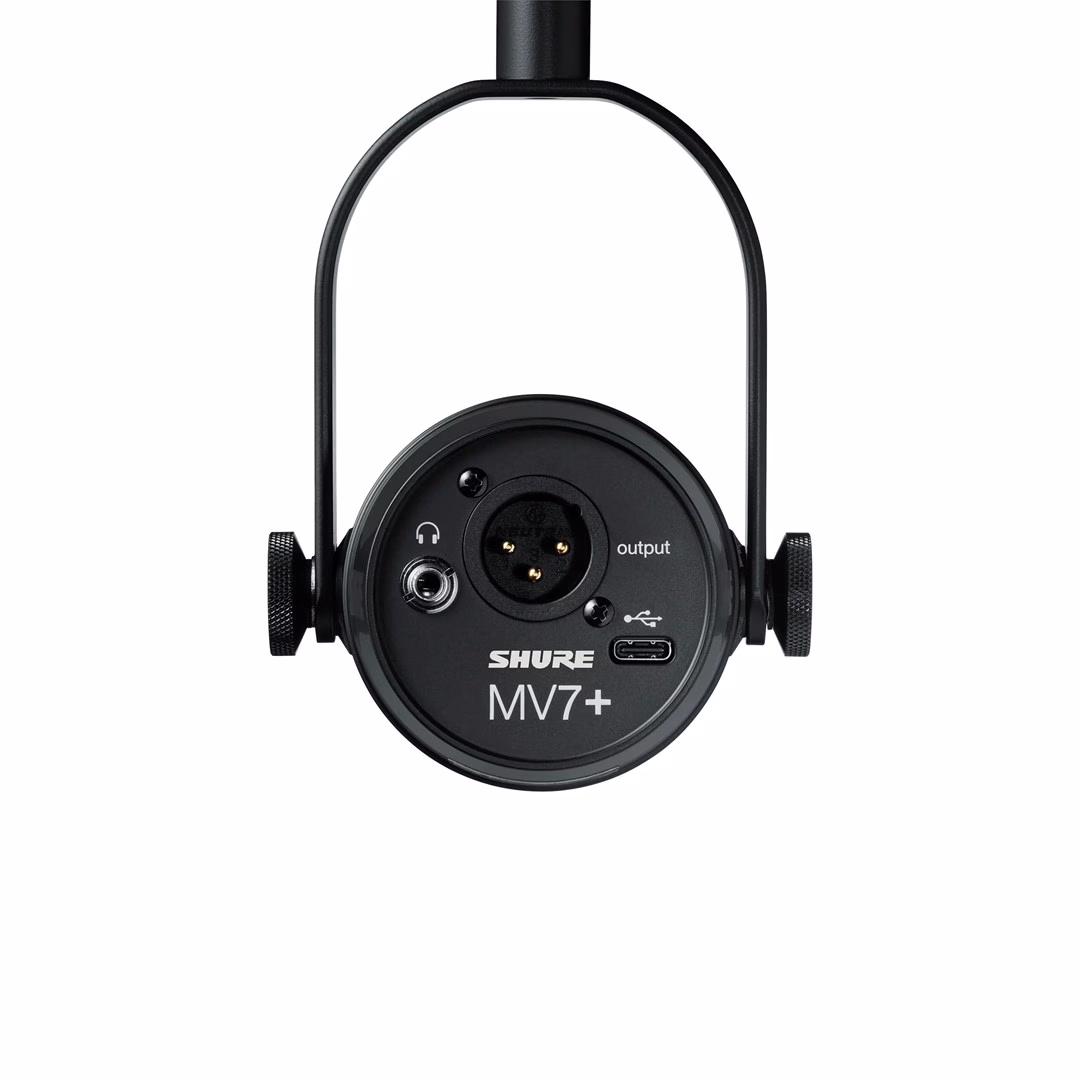 Mikrofoni MV7+ tagapaneel XLR-väljundi, USB-C-pesa ja kõrvaklapipesaga