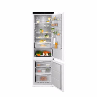 Integreeritav külmik Electrolux E7MNAE19S avatud ustega, üleval külmik ja all sügavkülm