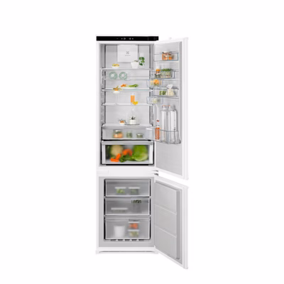 Integreeritav külmik Electrolux E8CNGD19S lahtiste ustega, toit riiulitel ja sügavkülmiku sahtlites
