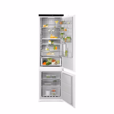 Integreeritav külmik Electrolux E8MNGD19S avatud ustega, klaasriiulid ja kolm sügavkülmiku sahtlit