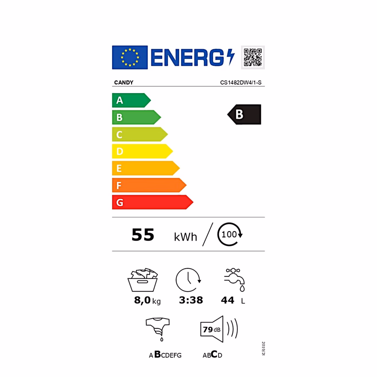 ELi energiamärgis pesumasinale Candy CS1482DW4/1-S, energiatõhususe klass B