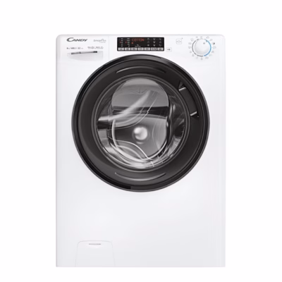 Valge eestlaetav pesumasin Candy CSO486TWMB6/1-S musta uksega, eestvaade
