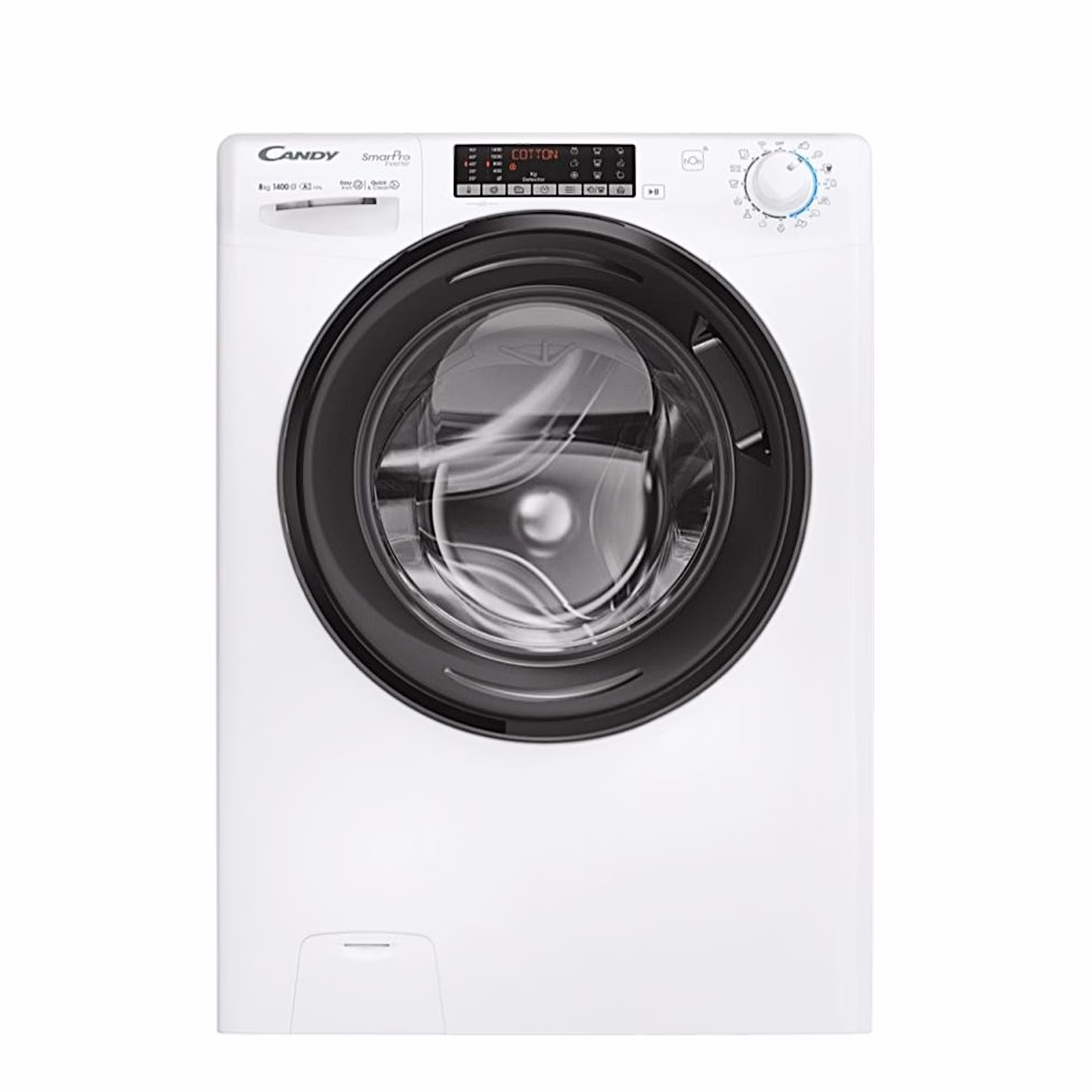 Valge eestlaetav pesumasin Candy CSO486TWMB6/1-S musta uksega, eestvaade