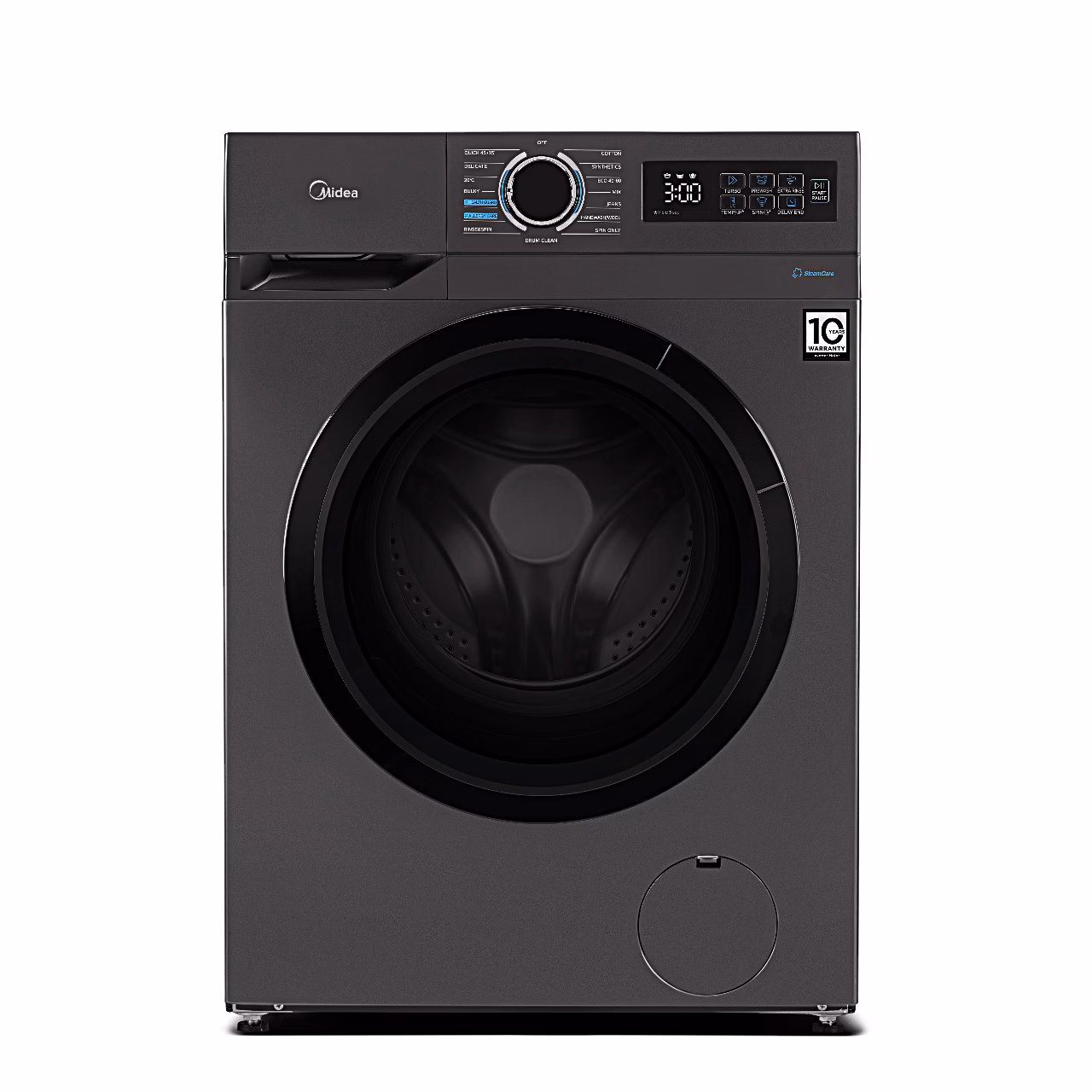 Tumedat tooni eestlaetav pesumasin Midea MF110W60/T-HR eestvaates suletud uksega