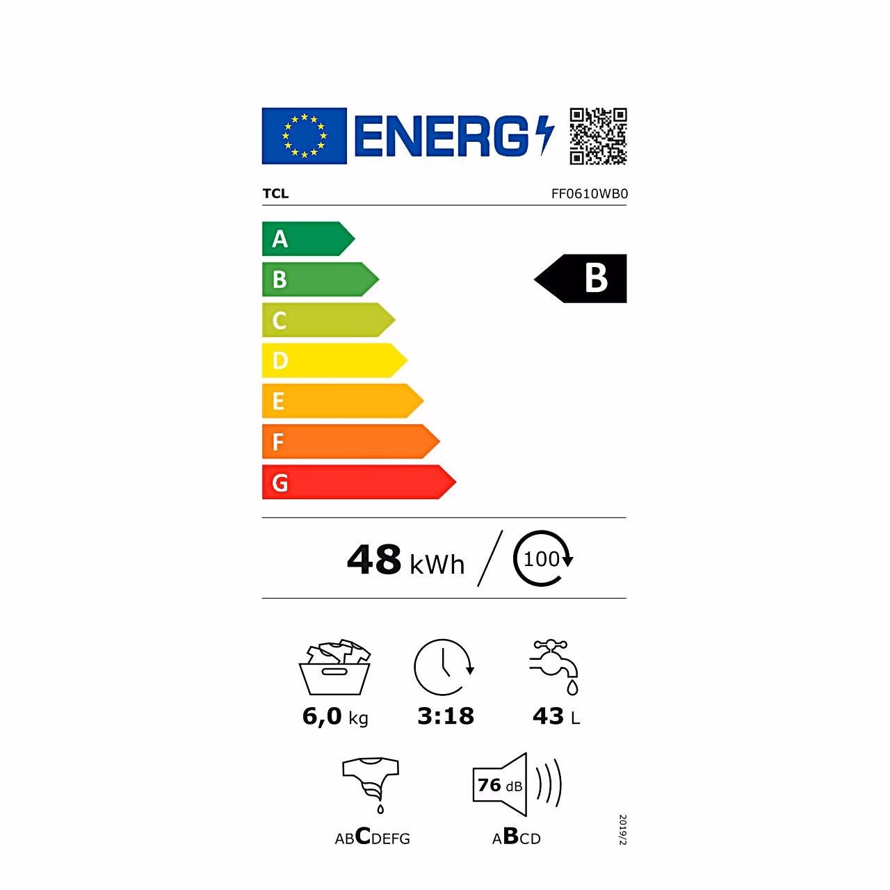 Energiamärgis: energiatõhususe klass B (skaala A–G), pesumasin TCL FF0610WB0