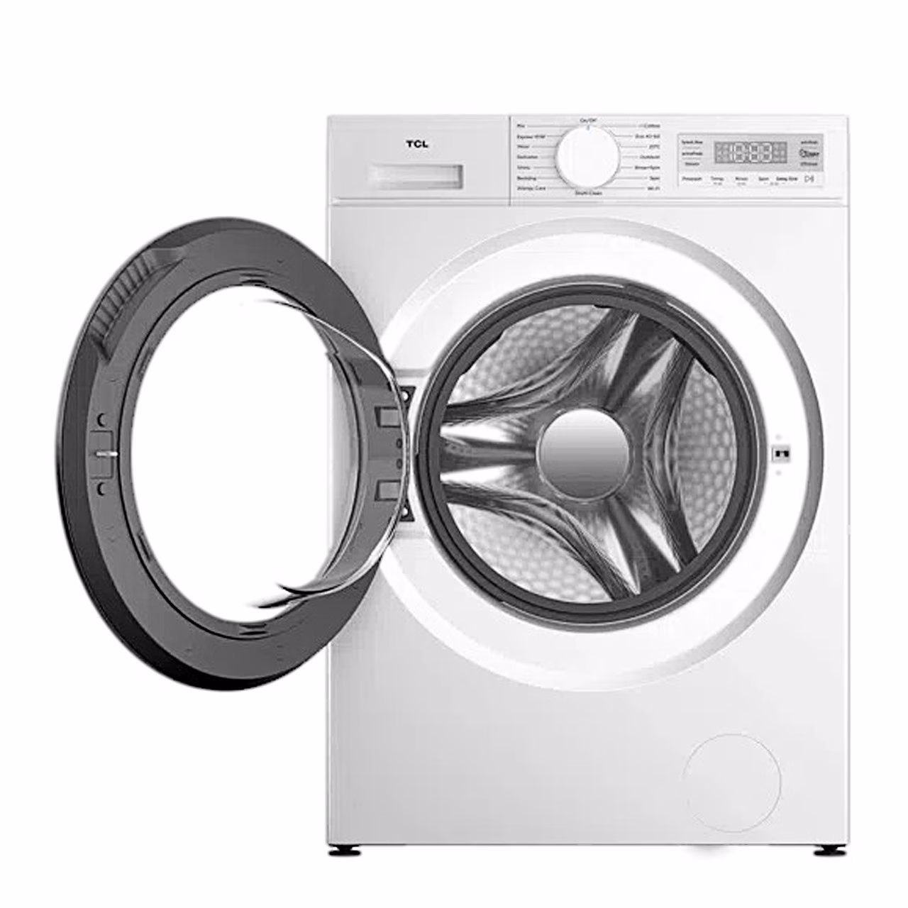 Pesumasin TCL FF0844WA0 eestvaates avatud uksega ja nähtava trumliga
