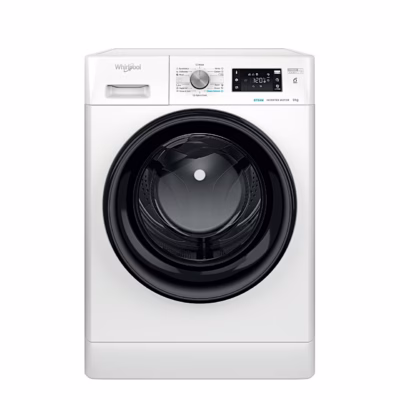 Valge eestlaetav pesumasin Whirlpool FFB 9479 BV EE musta uksega, eestvaade