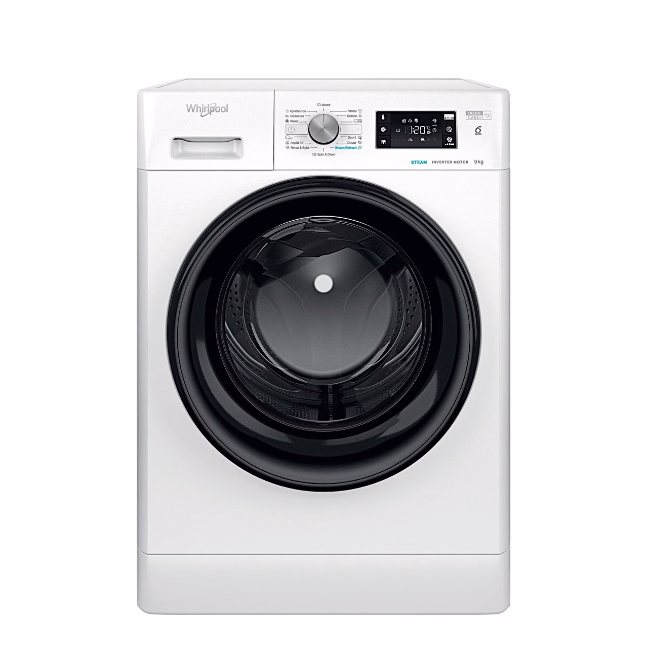 Valge eestlaetav pesumasin Whirlpool FFB 9479 BV EE musta uksega, eestvaade