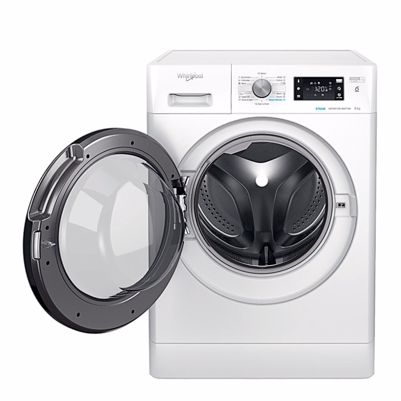 Pesumasin Whirlpool FFB 9479 BV EE avatud uksega, nähtaval trummel