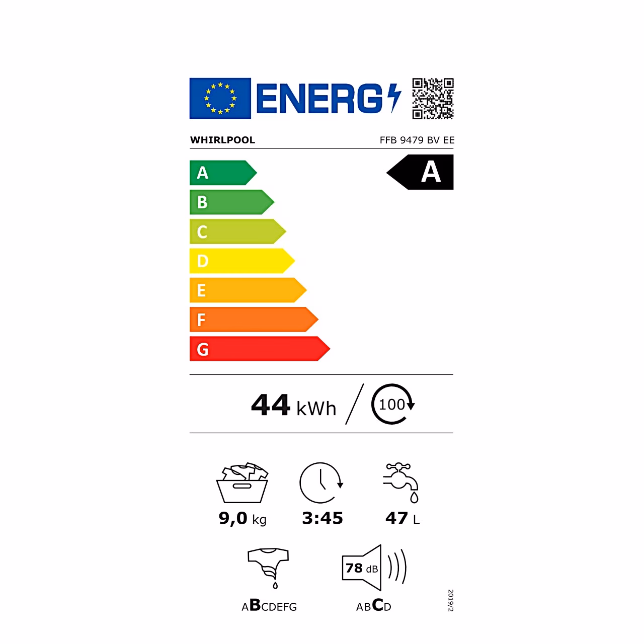 Pesumasina Whirlpool FFB 9479 BV EE energiamärgis: energiatõhususe klass A (skaala A–G)