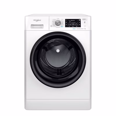 Valge eestlaetav pesumasin Whirlpool FFD 11489 BV EE eestvaates musta uksega