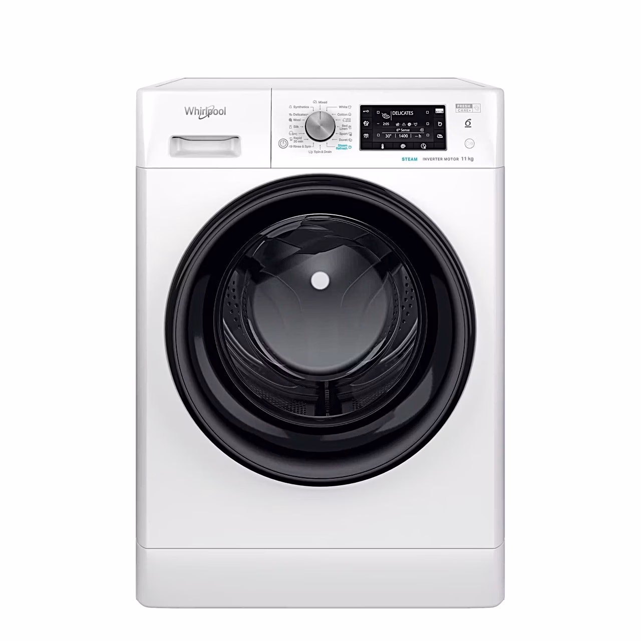 Valge eestlaetav pesumasin Whirlpool FFD 11489 BV EE eestvaates musta uksega