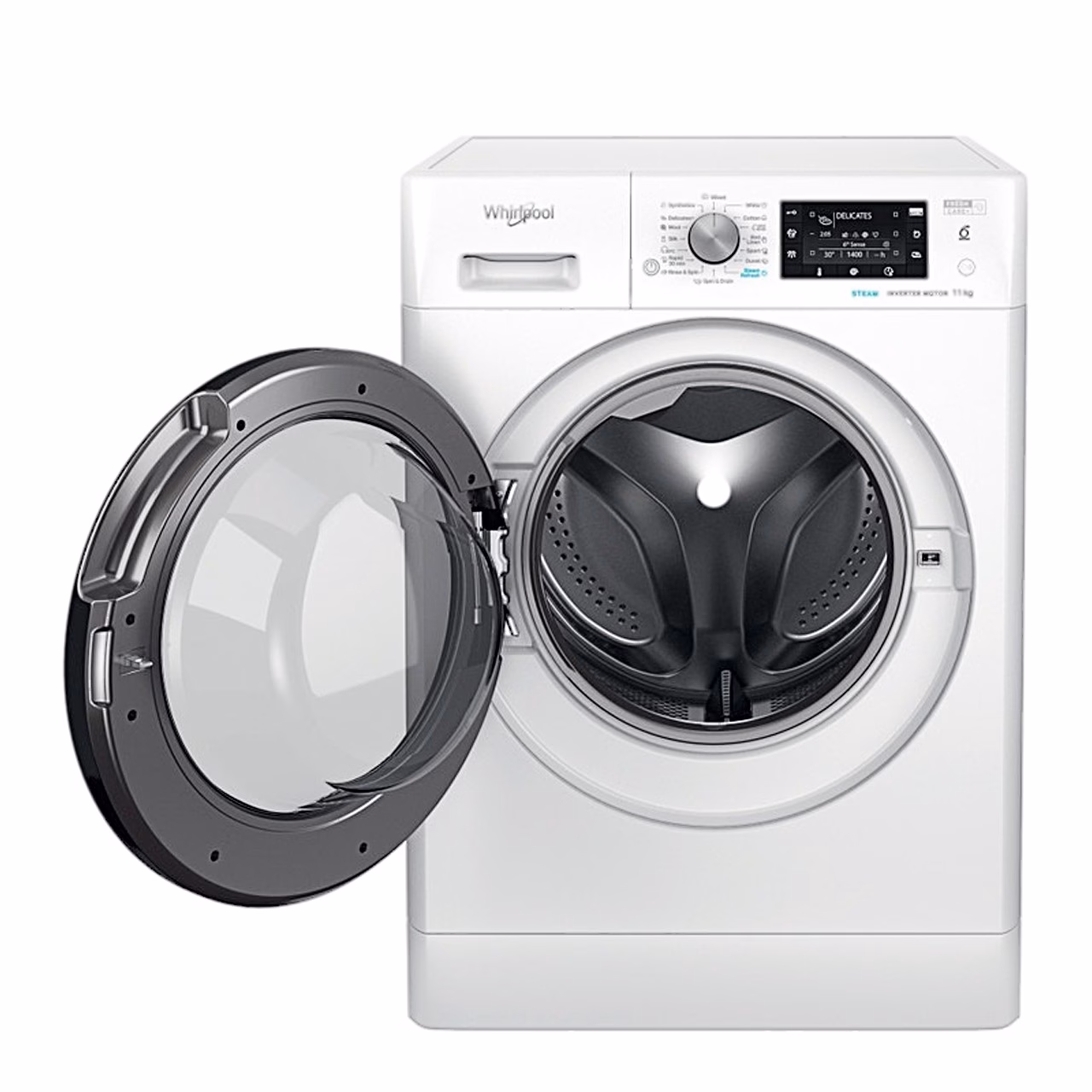 Whirlpool FFD 11489 BV EE avatud uksega eestvaates, nähtav trummel